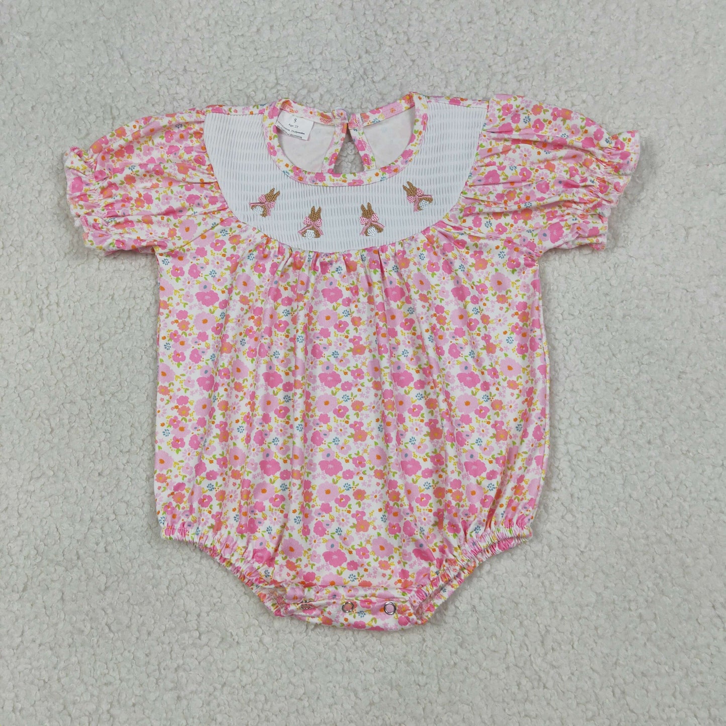 SR3785 Smocked Bow Rabbits Baby Girls Pink Flowers Easter Ruffle Rompers