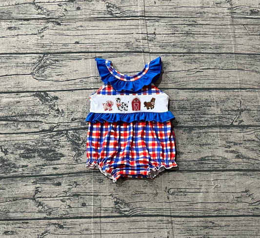 SR3835Embroidery Cows Baby Girls Red Blue Checked Farm Ruffle Rompers Preorder