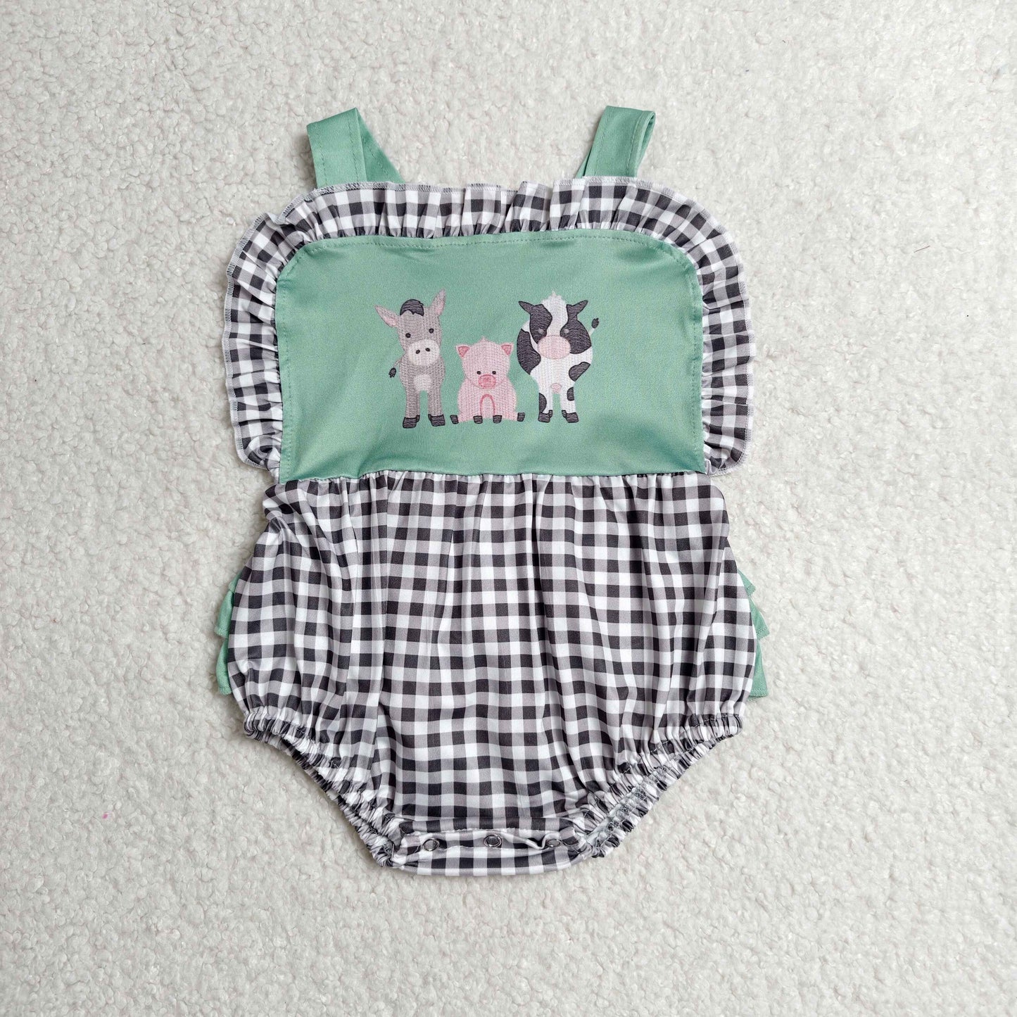 RTS NO MOQ milk silk SR3866 Baby Girls Strap Farm Checked Ruffle Rompers
