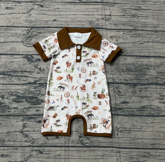 SR3882Baby Boys Button Horse Rodeos Cactus Western Short Rompers