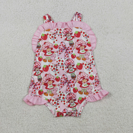 3.31 SR3885 Baby Strawberry Girls Strap Flowers Back Bow Ruffle Rompers