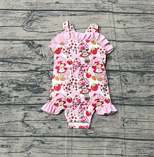 SR3885 Sibling Baby Strawberry Girls Bows Tunic Ruffle Short Clothes Set Back Bow Rompers