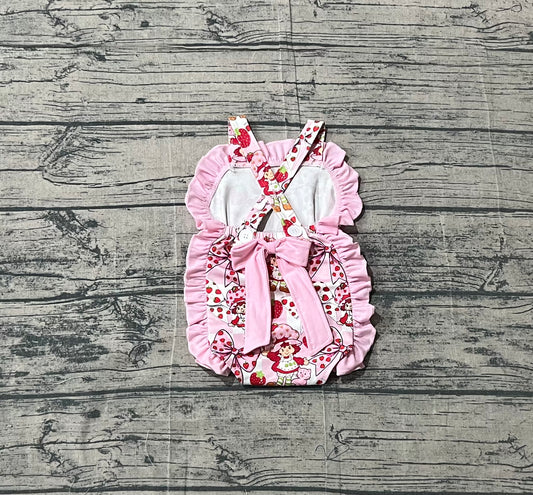 SR3885 Sibling Baby Strawberry Girls Bows Tunic Ruffle Short Clothes Set Back Bow Rompers