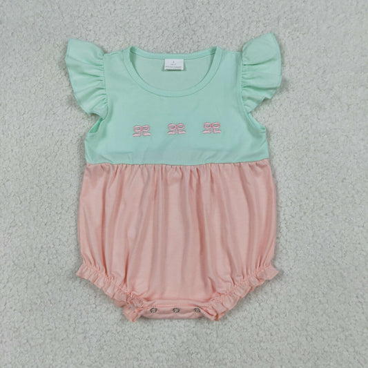 SR3895 Embroidery Bows Baby Girls Flutter Sleeve Patchwork Ruffle Rompers