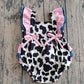 SR3898Baby Girls Flutter Sleeve Western Cow Print Ruffle Rompers