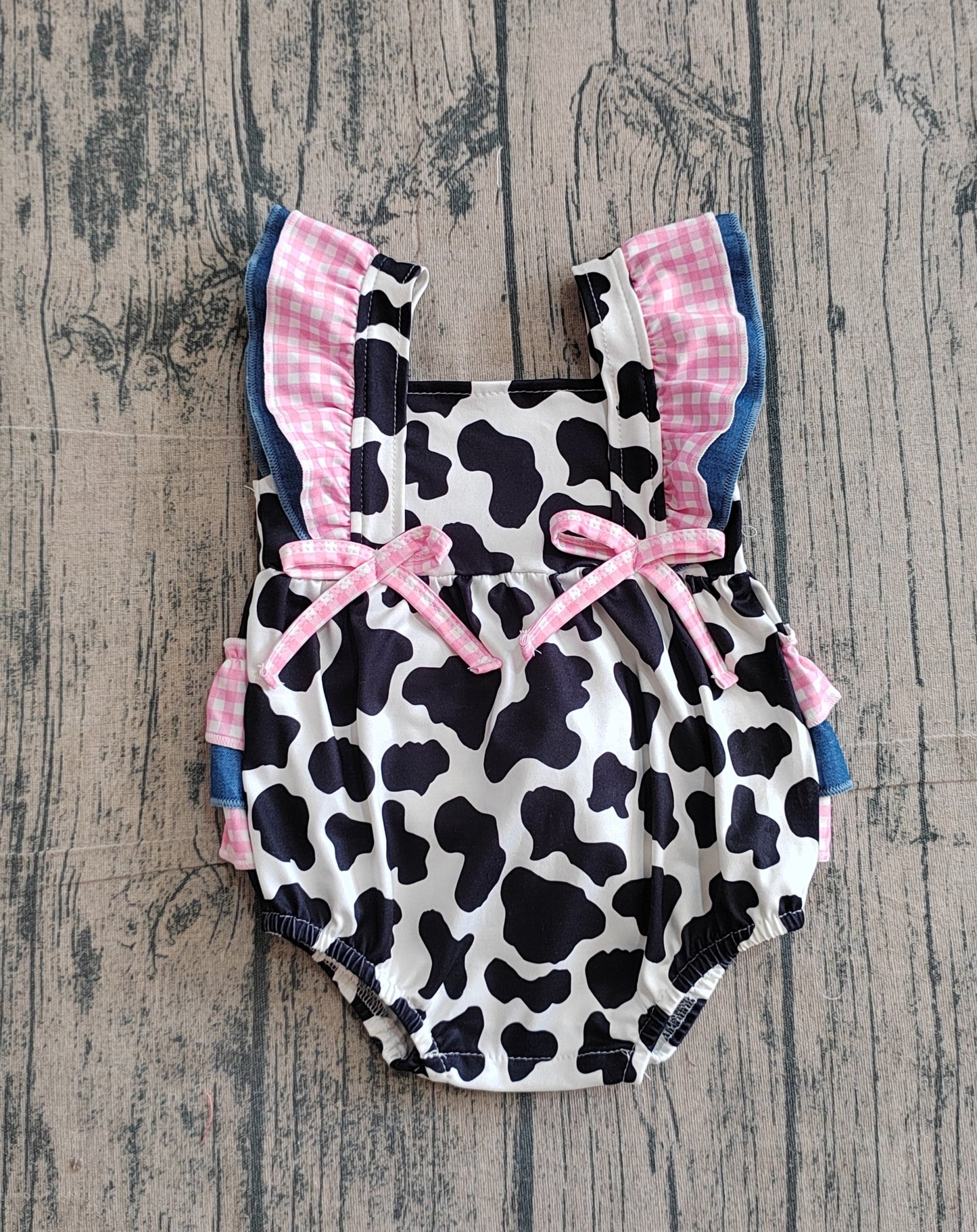 SR3898Baby Girls Flutter Sleeve Western Cow Print Ruffle Rompers