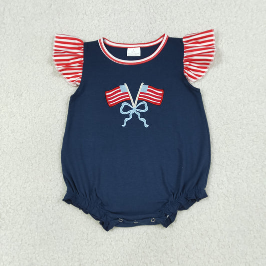 SR3903 Embroidery Bows Flags Baby Girls Flutter Sleeve 4th of July Ruffle Rompers
