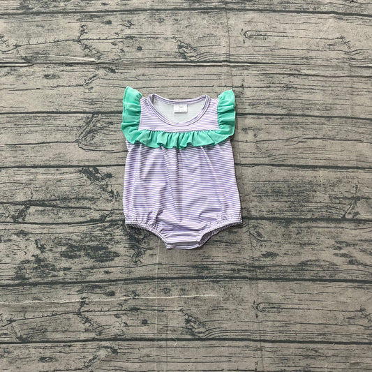 SR3942Baby Girls Sleeveless Purple Stripe Ruffle Rompers