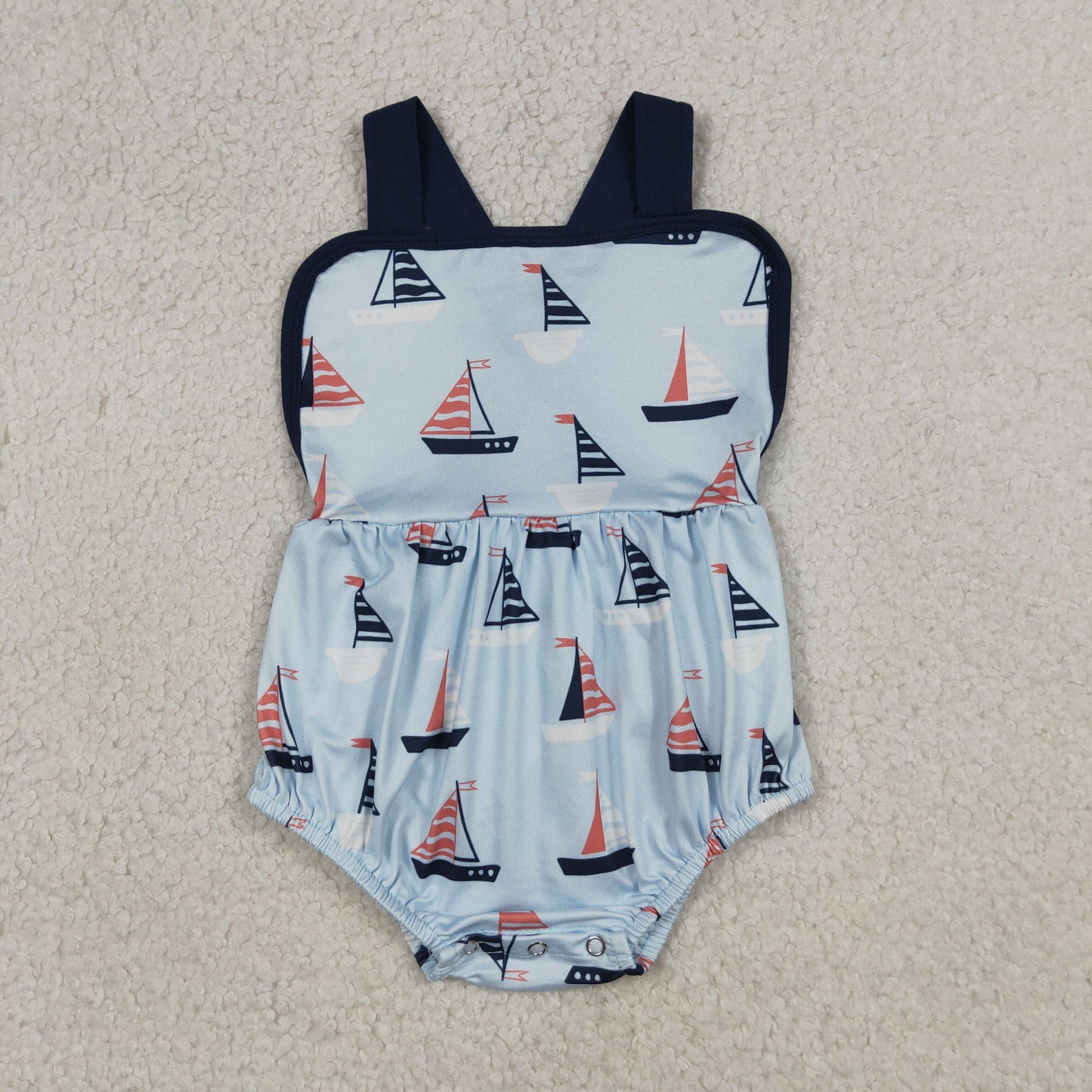4.3 SR3945 Baby Boys Blue Strap Boats Plaid Rompers