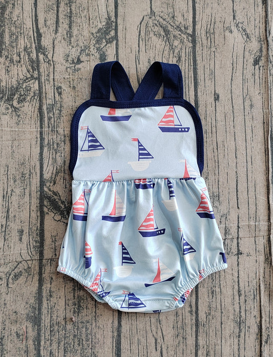 SR3945Sibling Baby Boys Boats Shirt Top Short Clothes Set Strap Rompers