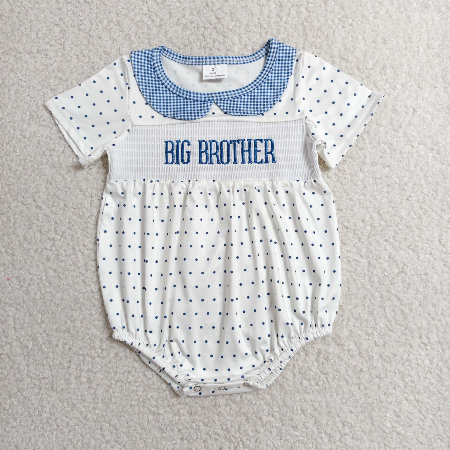 RTS NO MOQ milk silk SR3980 Smocked Big Brother Baby Boys Short Sleeve Polka Dots Rompers