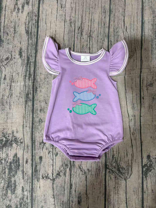 SR4006Embroidery Fishes Baby Girls Flutter Sleeve Hunting Ruffle Rompers Preorder