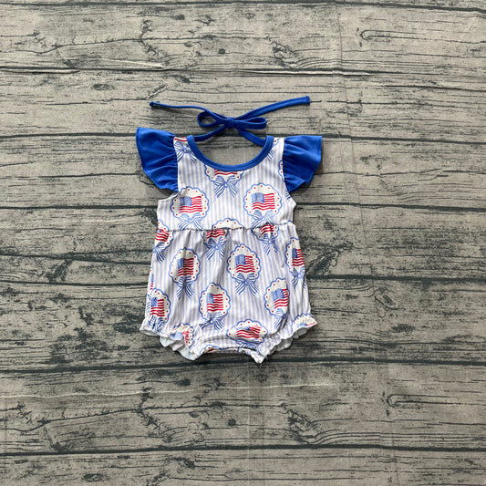 SR4029Baby Girls Flutter Sleeve Blue Stripe Bows Flags 4th of July Ruffle Rompers Preorder