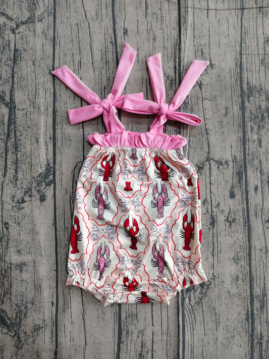 SR4032Baby Girls Strap Bows Crayfishes Checked Ruffle Rompers