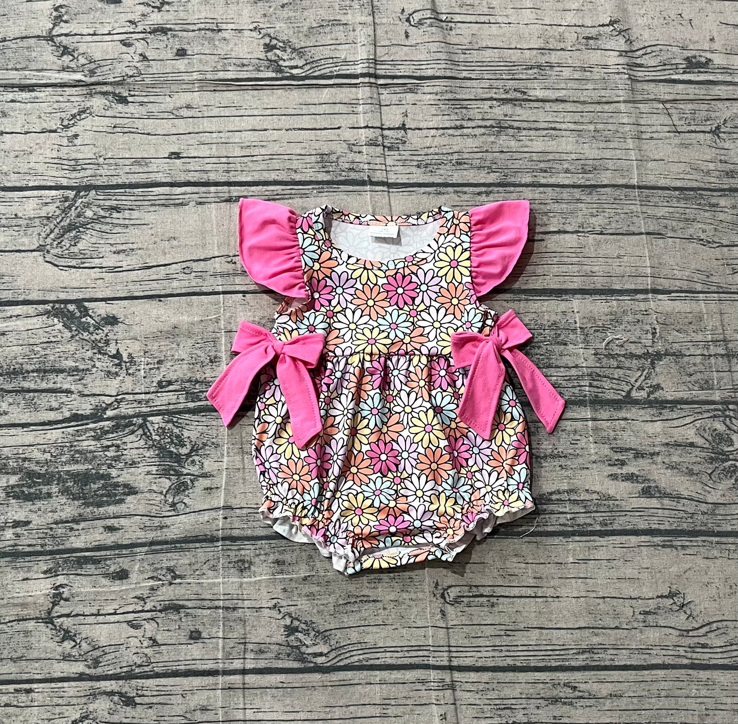 SR4049Baby Girls Flutter Sleeve Colorful Daisy Flowers Ruffle Rompers