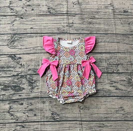 SR4049Baby Girls Flutter Sleeve Colorful Daisy Flowers Ruffle Rompers