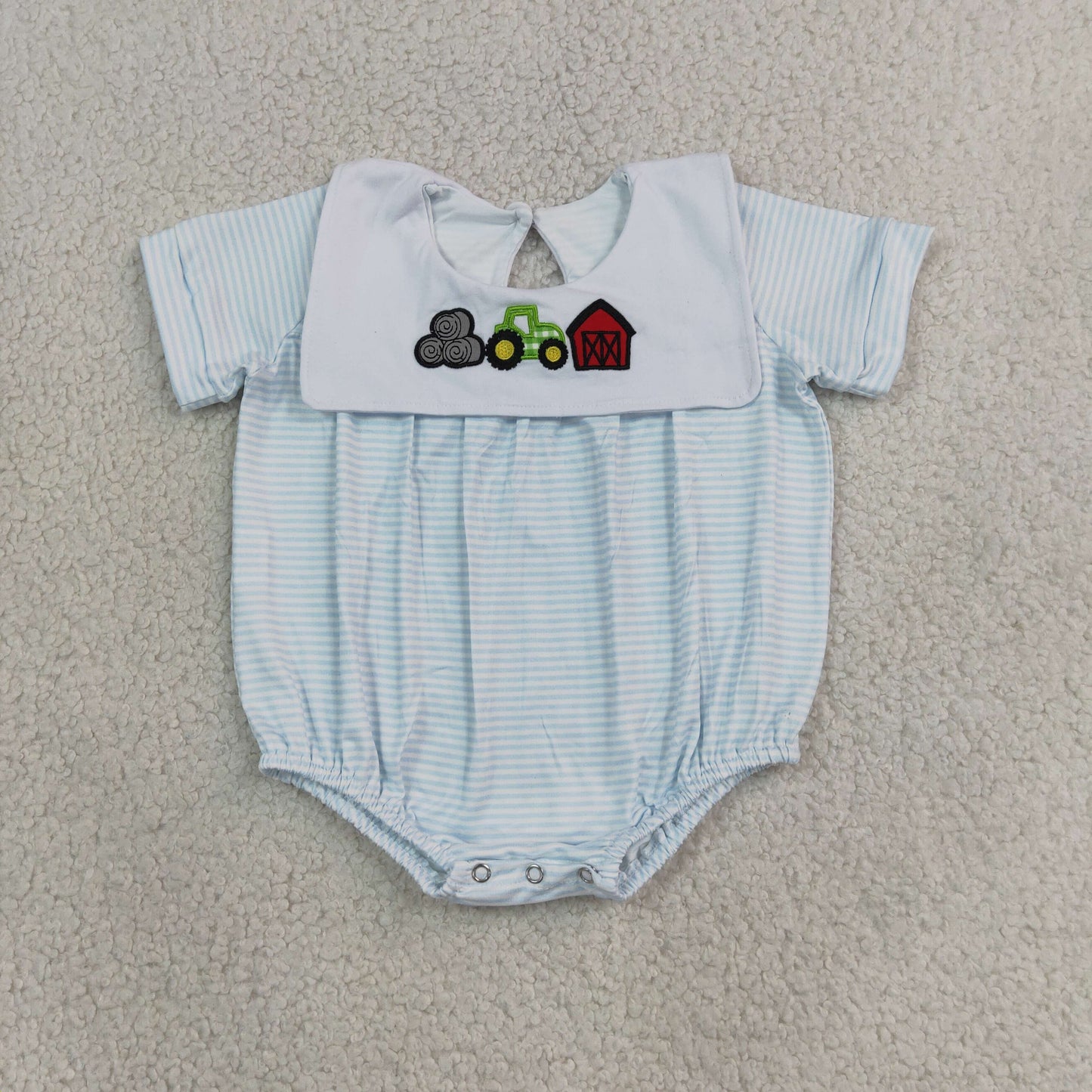 NEW RTS NO MOQ milk silk SR4075 Embroidery Truck House Baby Boys Farm Stripe Rompers