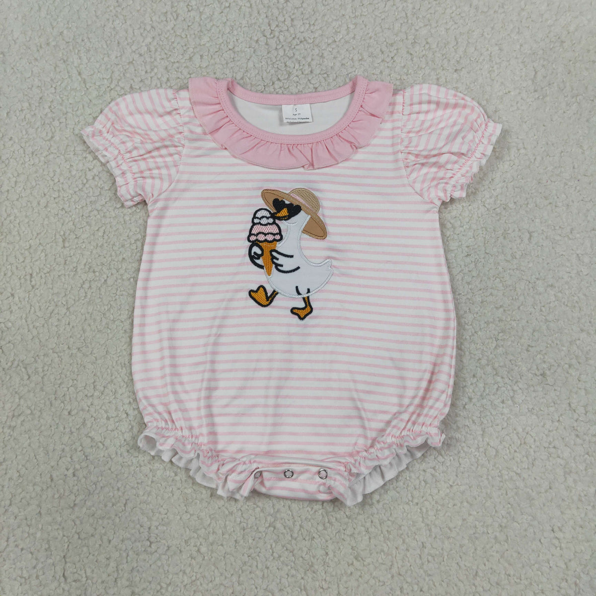 NEW RTS NO MOQ milk silk SR4101 Embroidery Ice Cream Gooses Baby Girls Pink Stripe Ruffle Rompers