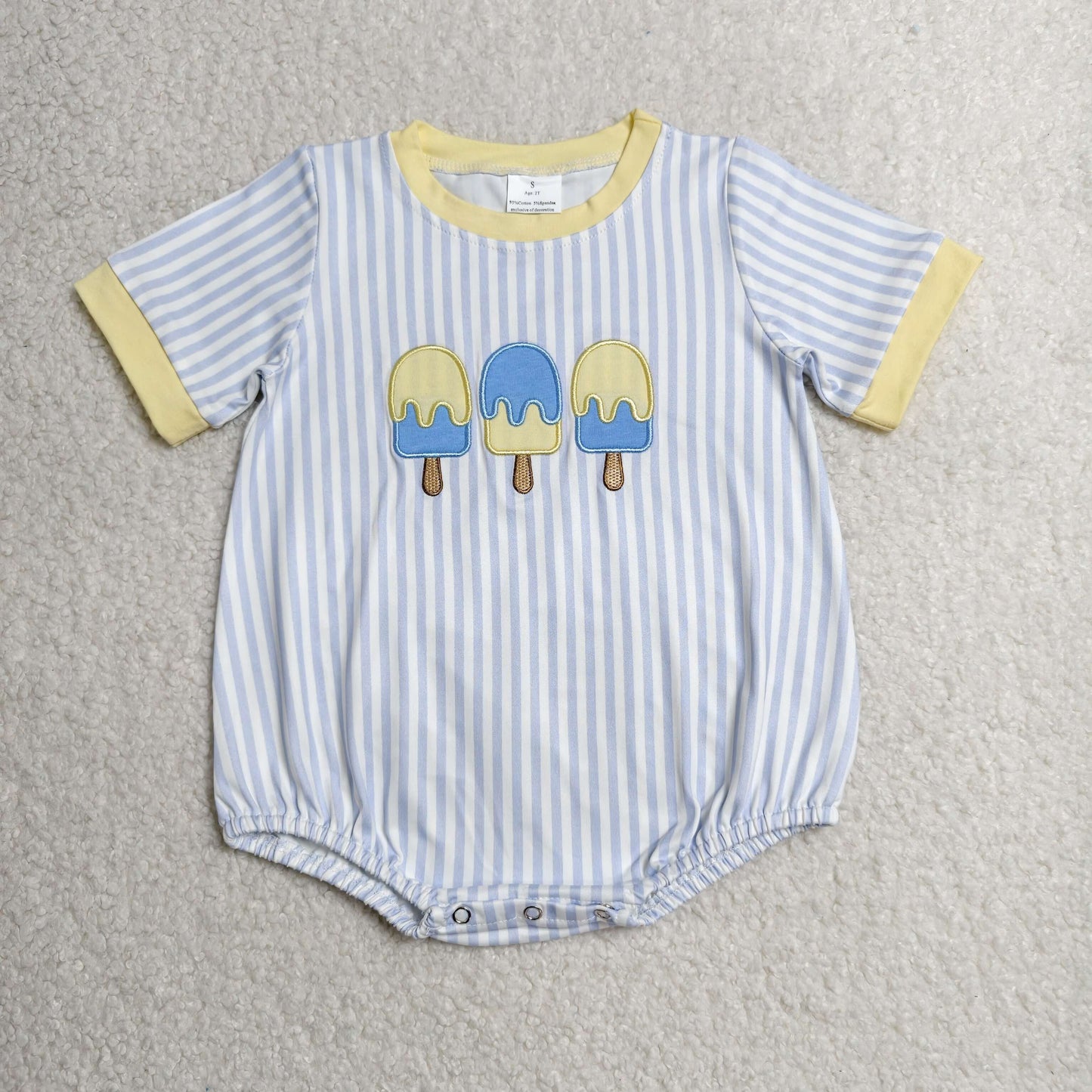 RTS NO MOQ milk silk SR4107 Embroidery Popsicle Baby Boys Short Sleeve Blue Stripe Rompers