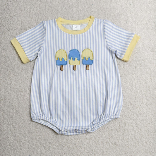 RTS NO MOQ milk silk SR4107 Embroidery Popsicle Baby Boys Short Sleeve Blue Stripe Rompers