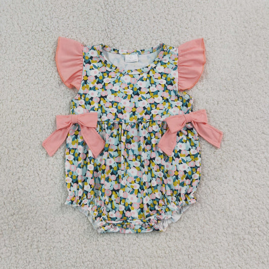 NEW RTS NO MOQ milk silk SR4125 Baby Girls Colorful Flower Flutter Short Sleeve Ruffle Hem Summer Rompers