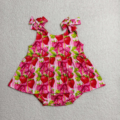 RTS NO MOQ milk silk SR4134 Baby Girls Strap Bows Strawberry Tunic Ruffle Rompers