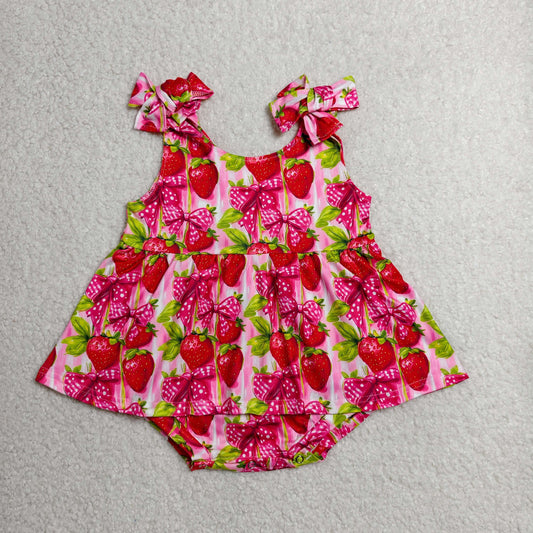 RTS NO MOQ milk silk SR4134 Baby Girls Strap Bows Strawberry Tunic Ruffle Rompers