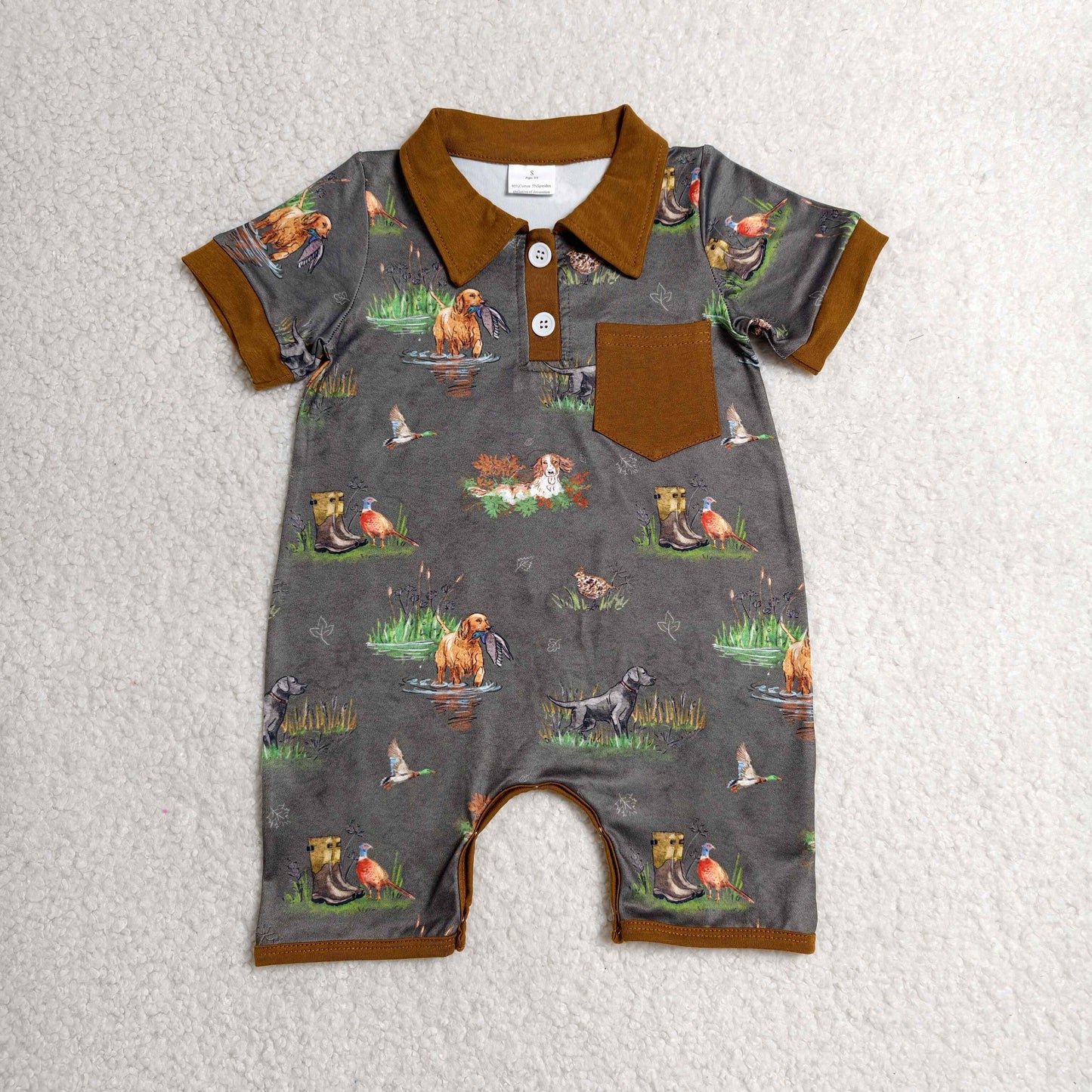 RTS NO MOQ milk silk SR4162 Baby Boys Short Sleeve Ducks Dogs Button Pocket Hunting Romper