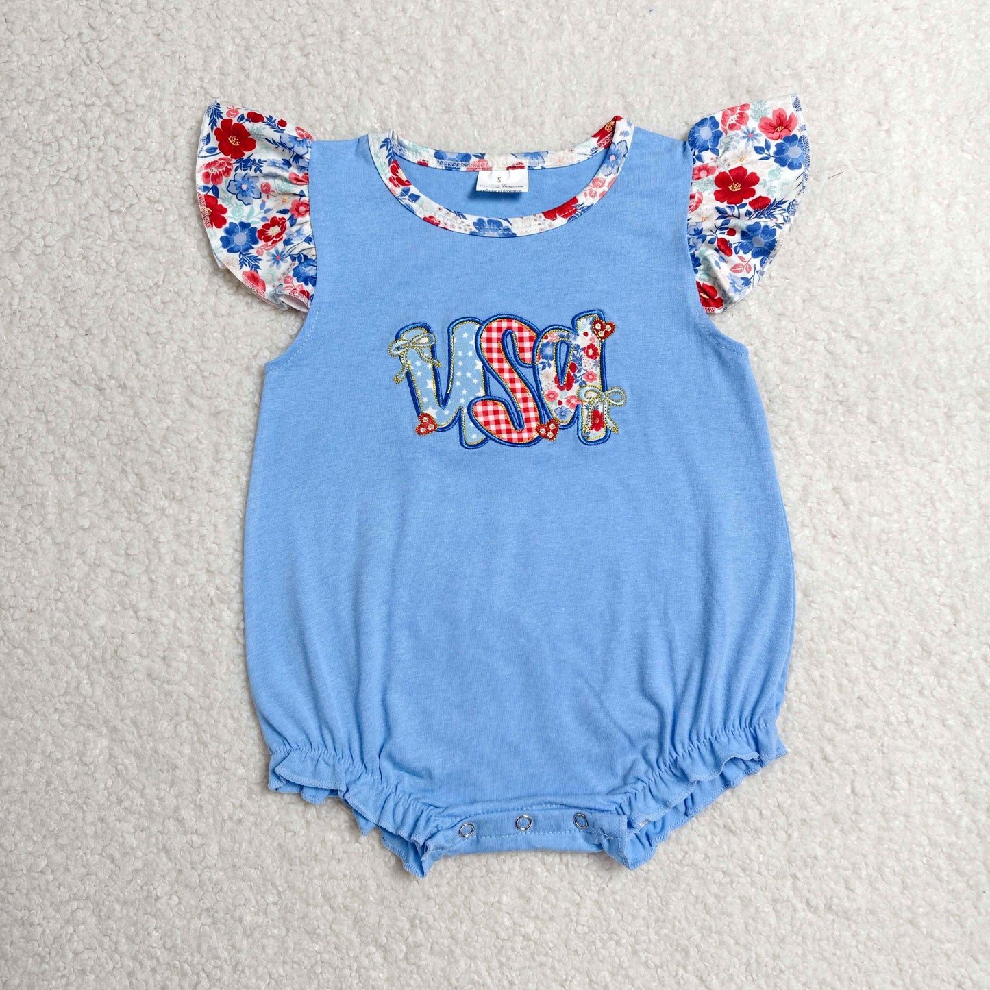 RTS NO MOQ milk silk SR4186 Embroidery USA Baby Girls Flutter Sleeve 4th of July Ruffle Rompers