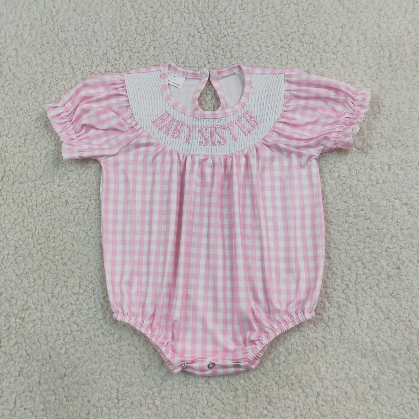 NEW RTS NO MOQ milk silk SR4230 Smocked Baby Sister Short Sleeve Pink Checked Ruffle Rompers