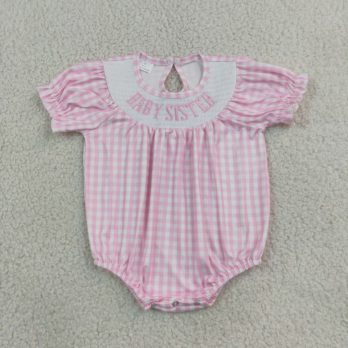 RTS NO MOQ Sibling milk silk Smocked Baby Short Sleeve Checked Ruffle Rompers