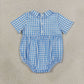 NEW RTS NO MOQ milk silk SR4231 Smocked Baby Brother Short Sleeve Blue Checked Back Button Rompers