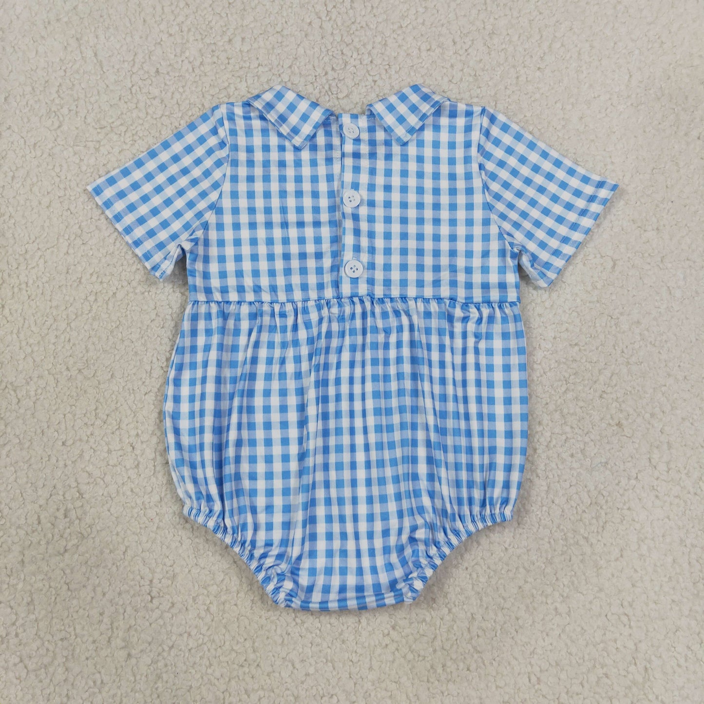 NEW RTS NO MOQ milk silk SR4231 Smocked Baby Brother Short Sleeve Blue Checked Back Button Rompers