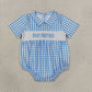 NEW RTS NO MOQ milk silk SR4231 Smocked Baby Brother Short Sleeve Blue Checked Back Button Rompers