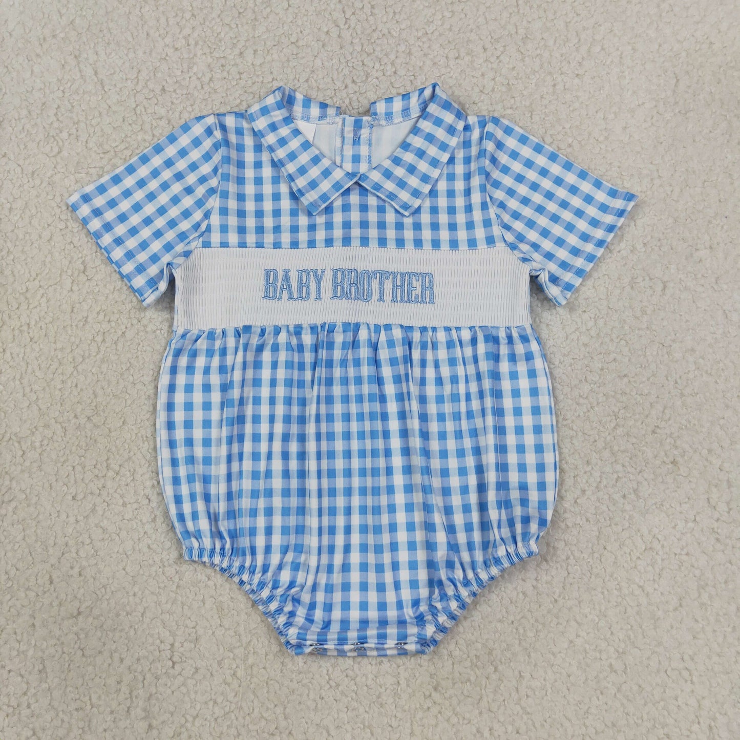 NEW RTS NO MOQ milk silk SR4231 Smocked Baby Brother Short Sleeve Blue Checked Back Button Rompers