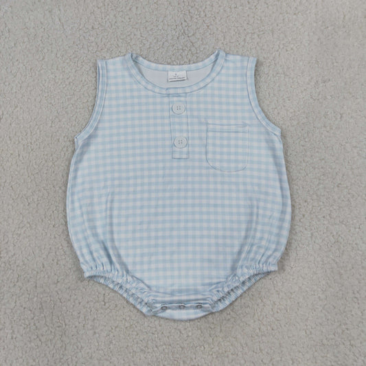 NEW RTS NO MOQ milk silk SR4232 Baby Kids Light Blue Check Sleeveless Button Pocket Rompers
