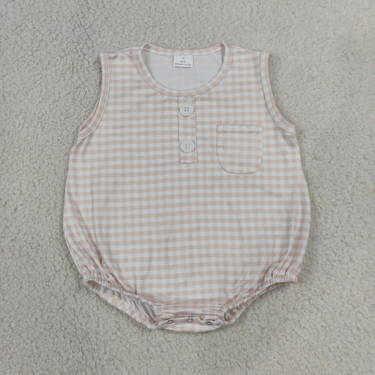 NEW RTS NO MOQ milk silk SR4233 Baby Summer Light Pink Check Sleeveless Button Pocket Rompers
