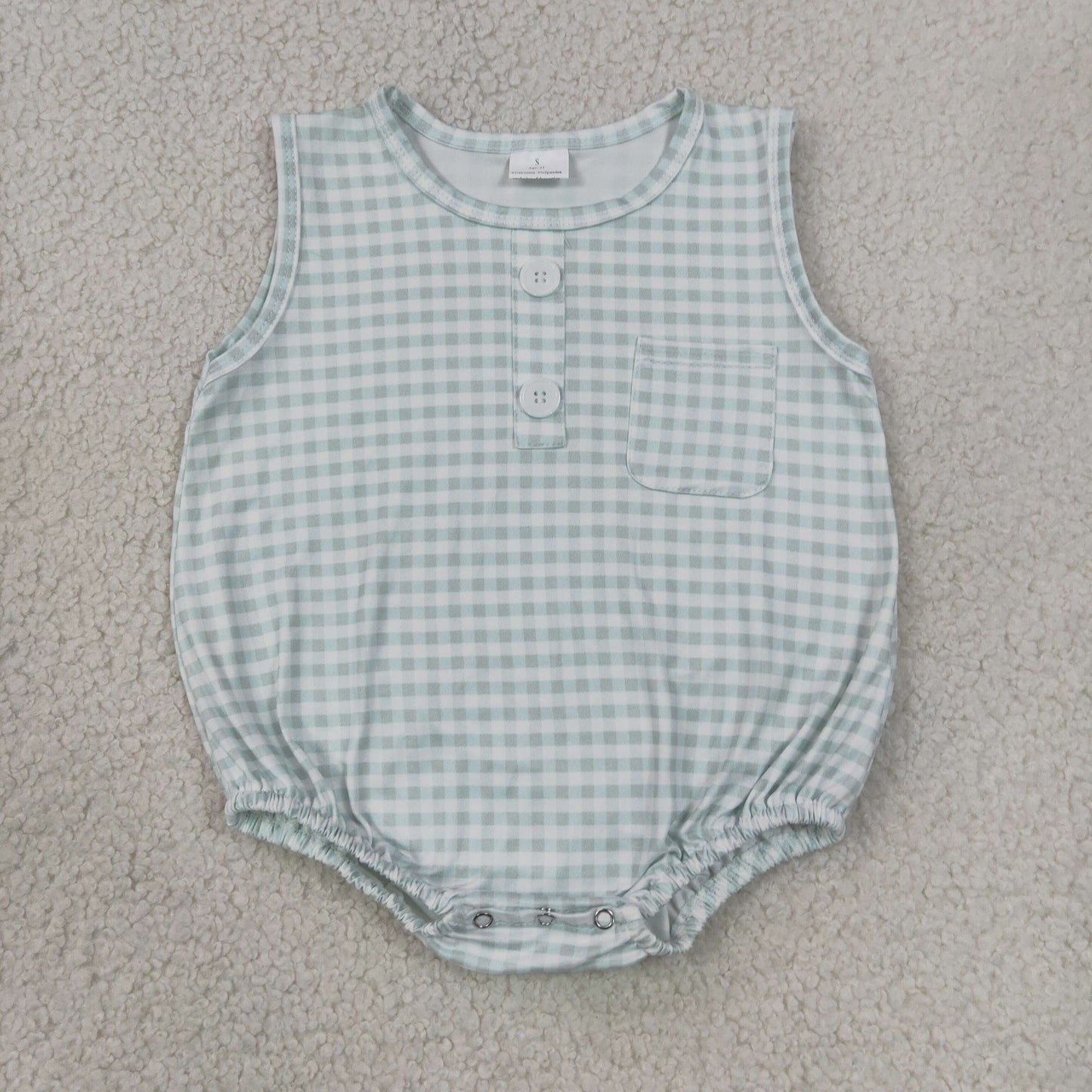 NEW RTS NO MOQ milk silk SR4234 Baby Kids Light Green Check Sleeveless Pocket Button Rompers