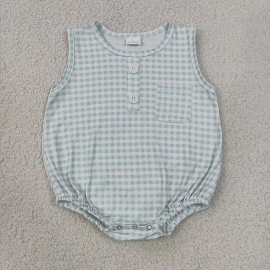 NEW RTS NO MOQ milk silk SR4234 Baby Kids Light Green Check Sleeveless Pocket Button Rompers