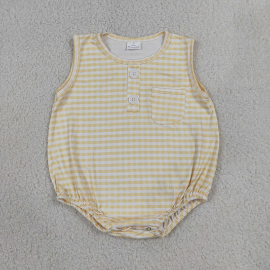 NEW RTS NO MOQ milk silk SR4236 Baby Kids Summer Yellow Check Sleeveless Button Pocket Rompers