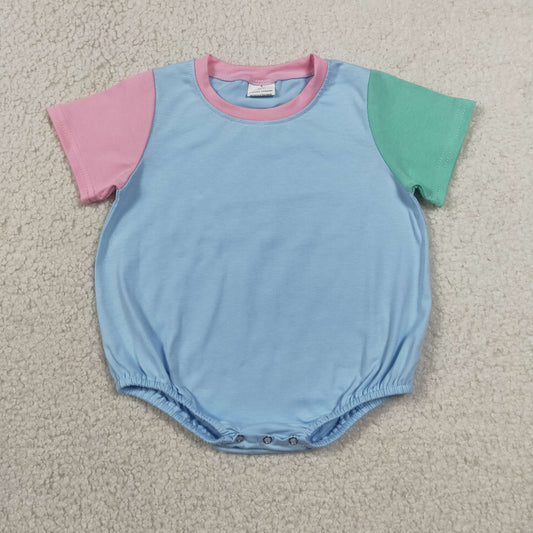 RTS NO MOQ milk silk SR4269 Baby Kids Short Sleeve Pink Blue Green Patchwork Rompers