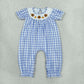 NEW RTS NO MOQ milk silk SR4276 Smocked Turkey Pumpkins Baby Girls Thanksgiving Blue Checked Pant Rompers