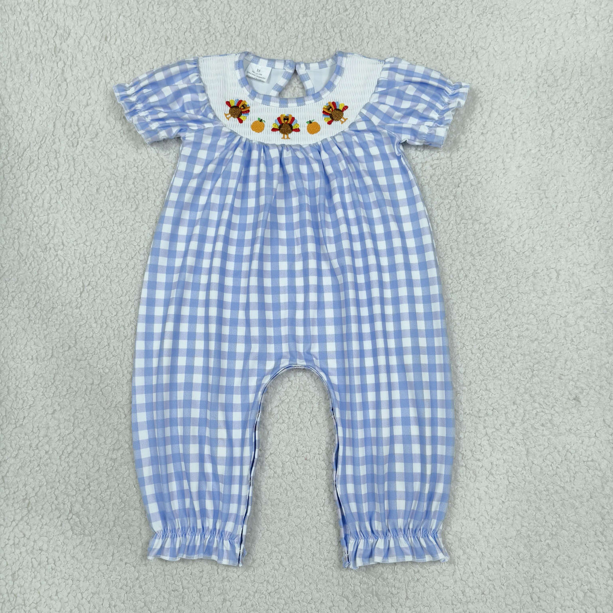 NEW RTS NO MOQ milk silk SR4276 Smocked Turkey Pumpkins Baby Girls Thanksgiving Blue Checked Pant Rompers