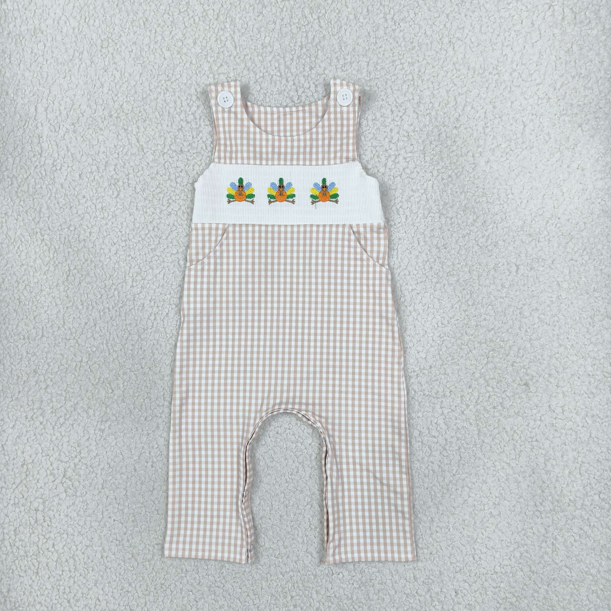 NEW RTS NO MOQ milk silk SR4277 Smocked Turkey Baby Boys Thanksgiving Khaki Checked Pockets Rompers