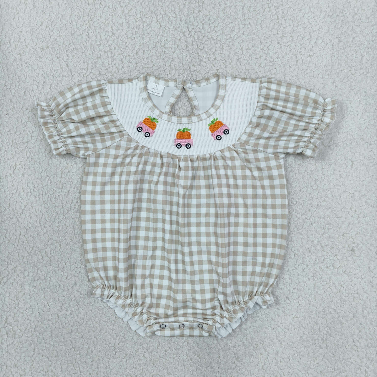 NEW RTS NO MOQ milk silk SR4280 Smocked Pumpkins Trucks Baby Girls Khaki Checked Fall Ruffle Rompers