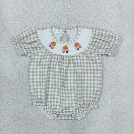 NEW RTS NO MOQ milk silk SR4280 Smocked Pumpkins Trucks Baby Girls Khaki Checked Fall Ruffle Rompers