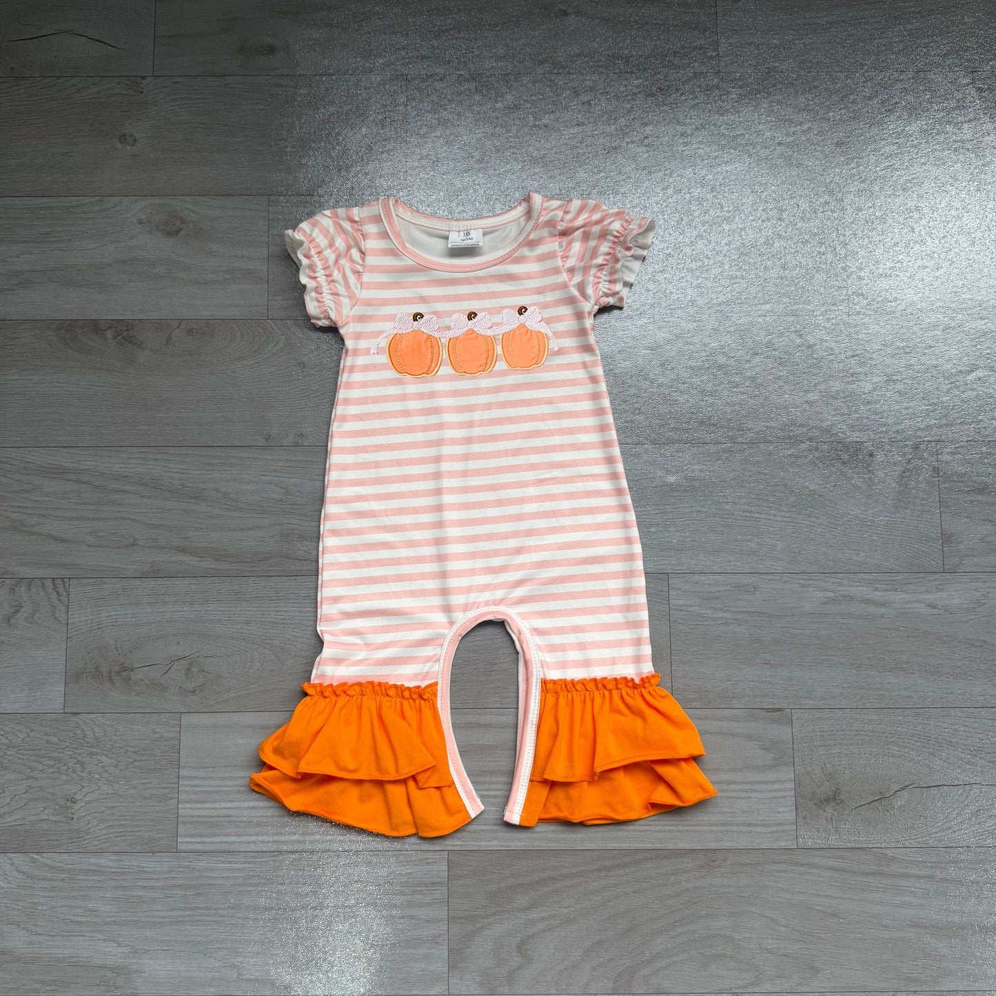 RTS NO MOQ Sibling milk silk Embroidery Bow Pumpkins Baby Girls Pink Stripe Pockets Fall romper Dress set