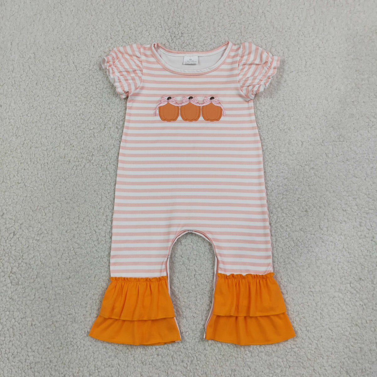 NEW RTS NO MOQ milk silk SR4284 Embroidery Bows Pumpkins Baby Girls Orange Stripe Fall Ruffle Pant Rompers