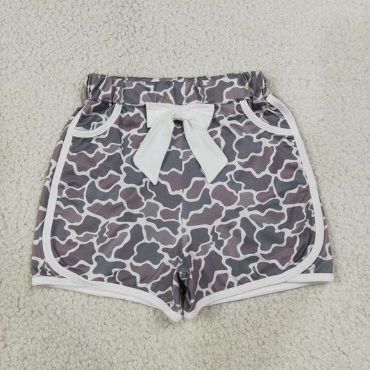 NEW RTS NO MOQ milk silk SS0688 Baby Girls Grey Camo Bow Pocket Shorts Casual Bottoms
