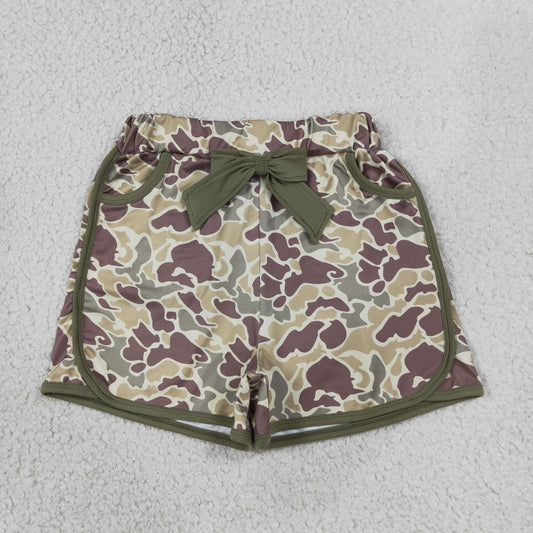 NEW RTS NO MOQ milk silk SS0690 Baby Girls Camo Print Bow Pocket Shorts Bottoms